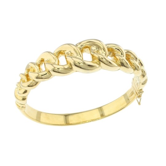 Bracciale rigido con motivo catena grumetta bombata degradè e chiusura a scatto con ottino laterale placcato oro giallo in argen