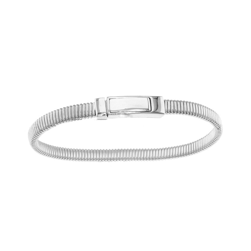 Bracciale semirigido maglia tubo gas piatta con chiusura a scatto rettangolare lucida placcato oro bianco in argento 925