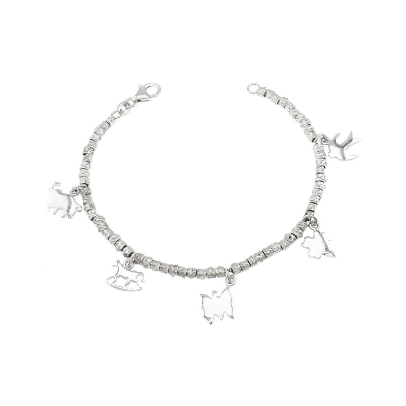 Bracciale a pepite martellate con animali e quadrifoglio pendenti placcato oro bianco in argento 925