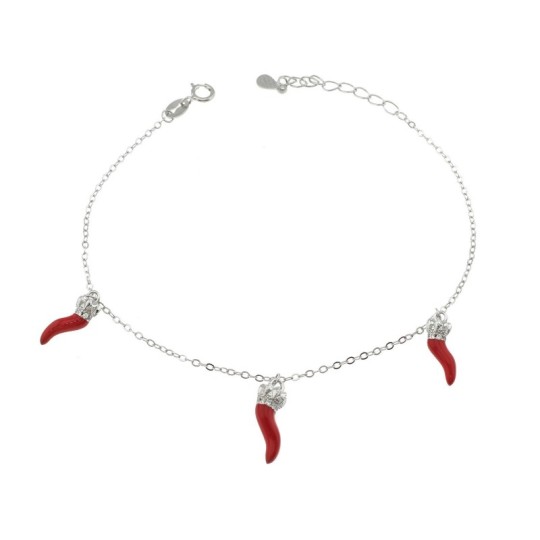 Forced mesh bracelet with red enameled hanging horns and crown engraved with white zirconia base white gold plated in 925 silver