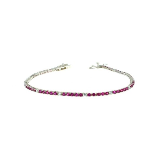 Tennis bracelet with 5 fuchsia zircons and 1 white 2 mm white gold plated 925 silver