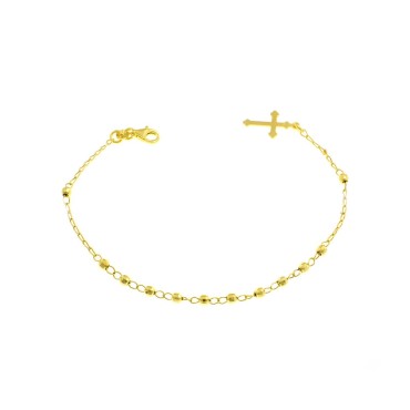 Bracciale del rosario maglia a catena con sfere faccettate e croce a lastra pendente placcato oro giallo in argento 925