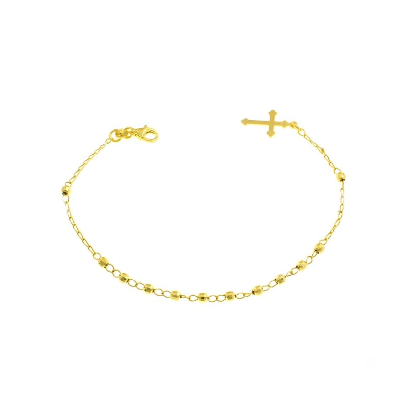 Chain link rosary bracelet with faceted spheres and yellow gold plated cross plate pendant in 925 silver