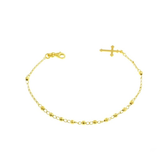 Bracciale del rosario maglia a catena con sfere faccettate e croce a lastra pendente placcato oro giallo in argento 925