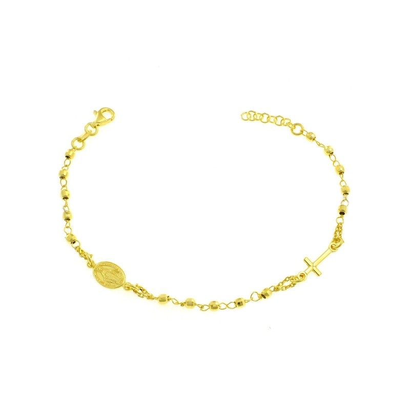 Rosary bracelet chain link with diamond spheres, lateral cross and lateral miraculous medal plated yellow gold 925 silver