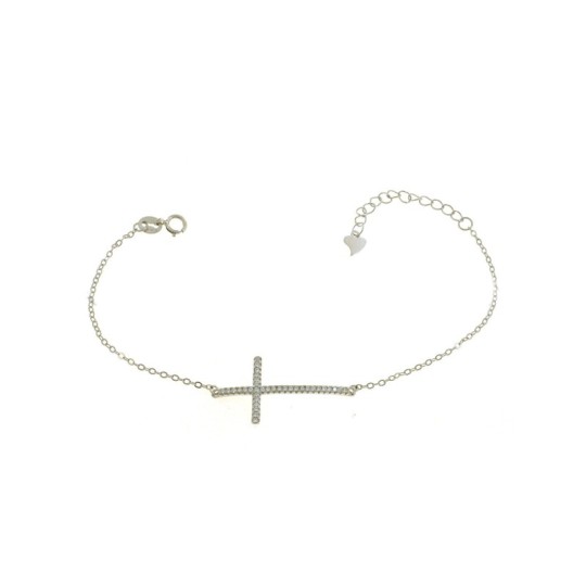 Forced mesh bracelet with white zircon central cross in white gold plated 925 silver