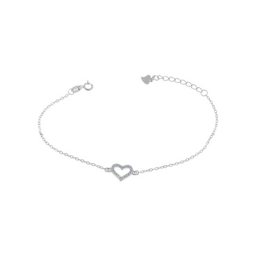 Forced mesh bracelet with white zircon central heart shape in white gold plated 925 silver