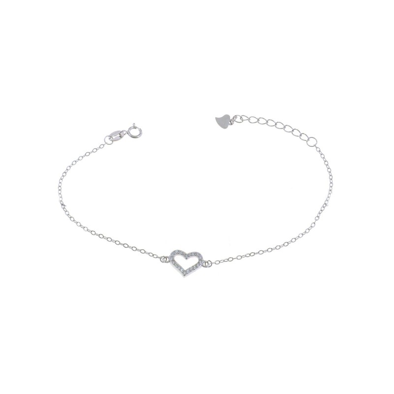 Bracciale maglia forzatina con sagoma cuore centrale zirconata bianca placcato oro bianco in argento 925