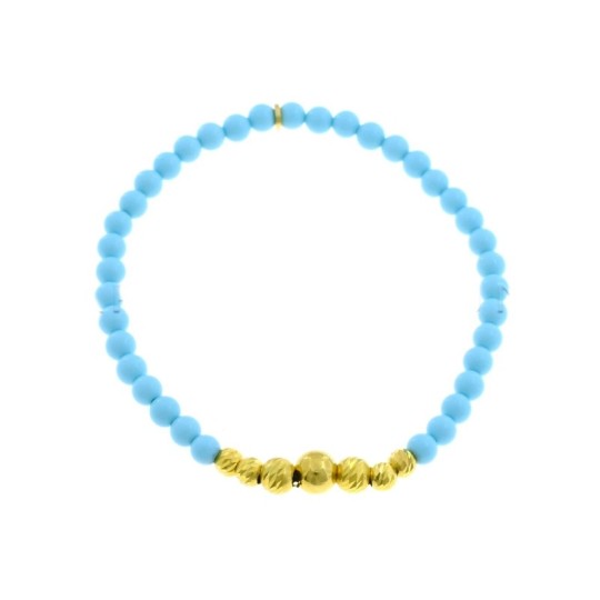 Bracciale elastico con sfere di pasta di turchese, sfere laterali diamantate trasversali degradè e sfera centrale lucida placcat