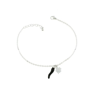 Forced mesh bracelet with central four-leaf clover pendants and white gold plated black enameled horn in 925 silver