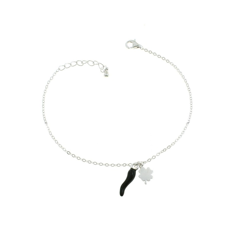 Forced mesh bracelet with central four-leaf clover pendants and white gold plated black enameled horn in 925 silver