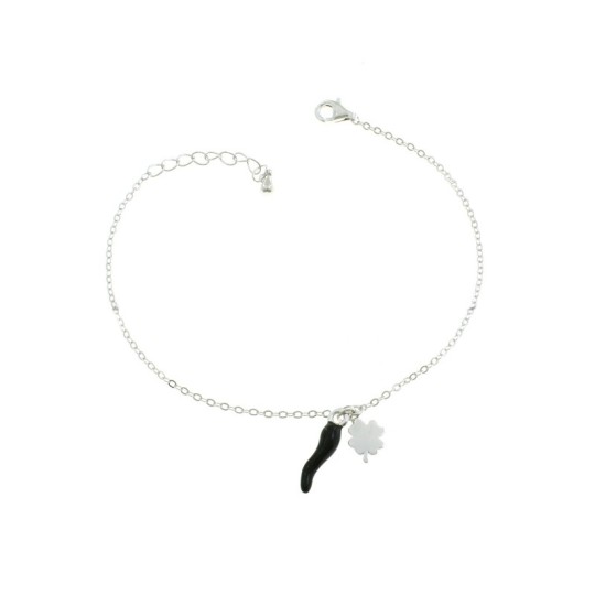 Bracciale maglia forzatina con pendenti centrali quadrifoglio a lastra e corno smaltato nero placcato oro bianco in argento 925