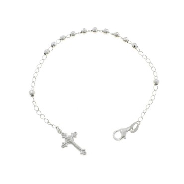 Chain link rosary bracelet with diamond spheres and molten crucifix pendant white gold plated in 925 silver