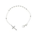 Chain link rosary bracelet with diamond spheres and molten crucifix pendant white gold plated in 925 silver
