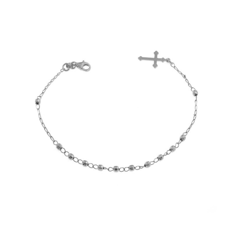 Chain link rosary bracelet with faceted spheres and white gold plated pendant cross in 925 silver
