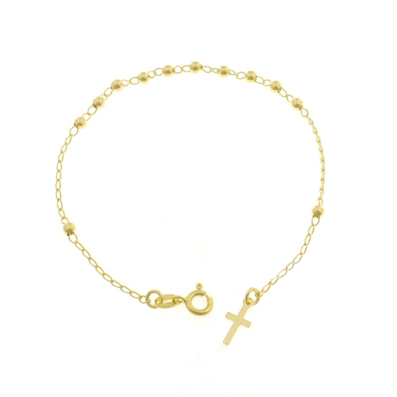 Bracciale rosario a sfera liscia da 3 mm con croce a lastra terminale placcato oro giallo in argento 925
