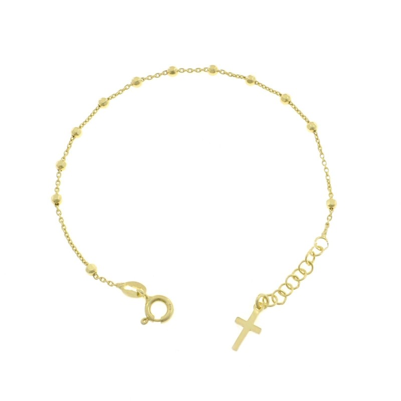 Forced mesh rosary bracelet with diamond spheres and yellow gold plated cross plate pendant in 925 silver