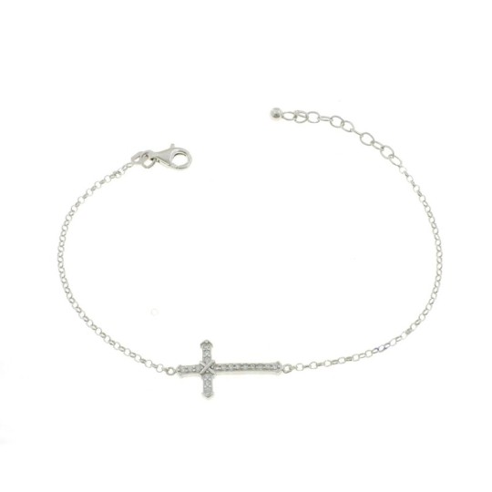 Diamond-coated rolò mesh bracelet with central white zircon cross with shiny details white gold plated in 925 silver