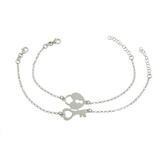 Diamond rolò mesh bracelets with central divisible perforated plate key and white gold plated heart lock in silver
