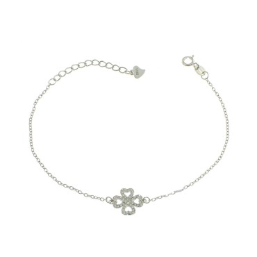 Bracciale maglia forzatina con sagoma quadrifoglio zirconata bianca placcato oro bianco in argento 925