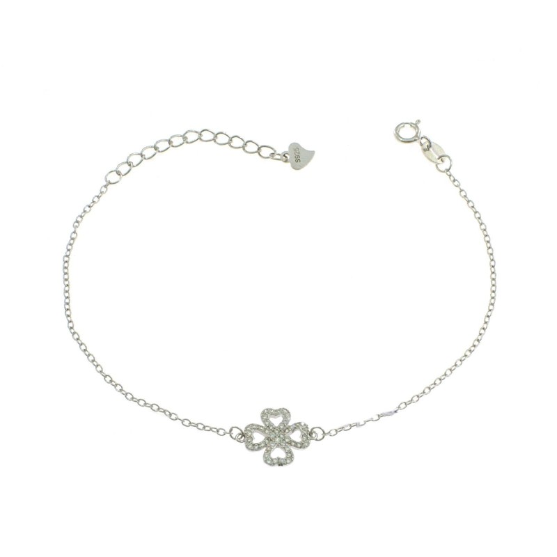 Bracciale maglia forzatina con sagoma quadrifoglio zirconata bianca placcato oro bianco in argento 925