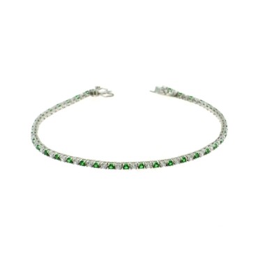 Bracciale tennis con zirconi alternati bianchi e verdi da mm2 con chiusura a scattino con ottini placcato oro bianco in argento