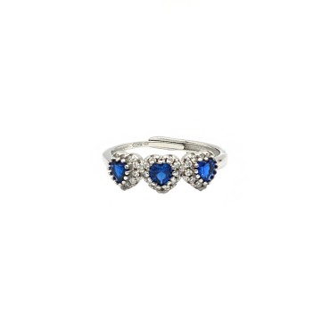 Adjustable ring with 3 hearts of blue zircons in a frame of white zircons white gold plated in 925 silver