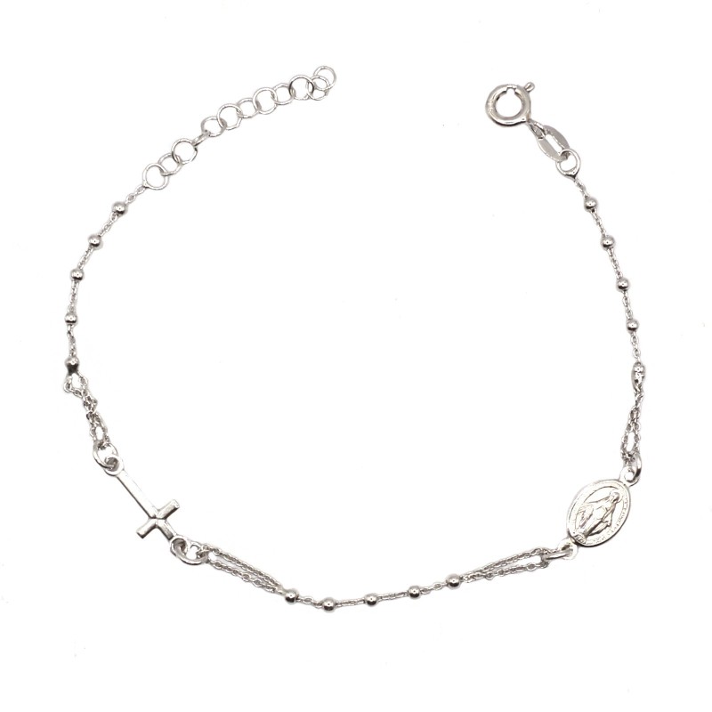 Bracciale rosario a sfera liscia con croce e madonna placcato oro bianco in argento 925