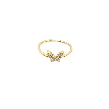Wire ring with white cubic zirconia butterfly yellow gold plated in 925 silver (size 16)