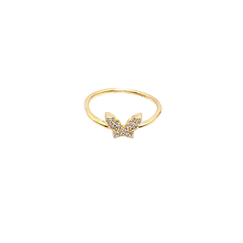 Wire ring with white cubic zirconia butterfly yellow gold plated in 925 silver (size 16)