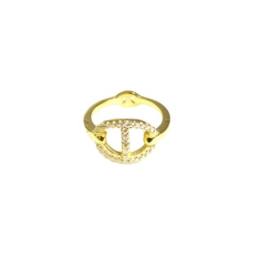 Ring with central white zircon marine mesh and yellow gold plated shiny stem in 925 silver (size 14)