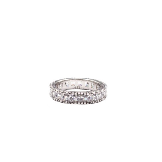 Anello veretta con zirconi bianchi quadrati taglio baguette con bordi puntinati placcata oro bianco in argento 925 (misura 14)