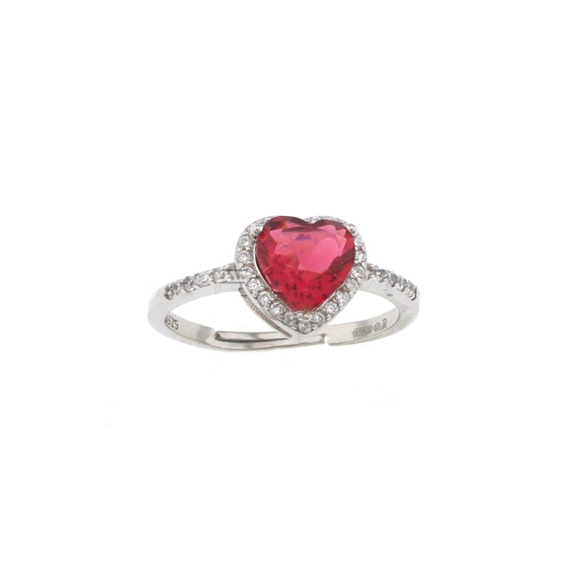 Adjustable ring with central red zircon heart in white zircon frame and white gold-plated half-zirconia stem in 925 silver