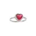 Adjustable ring with central red zircon heart in white zircon frame and white gold-plated half-zirconia stem in 925 silver