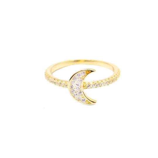 Anello semizirconato bianco con luna centrale a pavè di zirconi bianchi placcato oro giallo in argento 925 (misura 11)