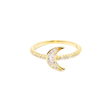 White semi-zircon ring with central moon in white zircons pave yellow gold plated in 925 silver (size 13)