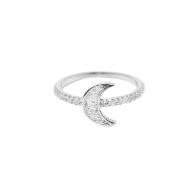 White semi-zircon ring with central moon in white zircons pave white gold plated in 925 silver (size 11)