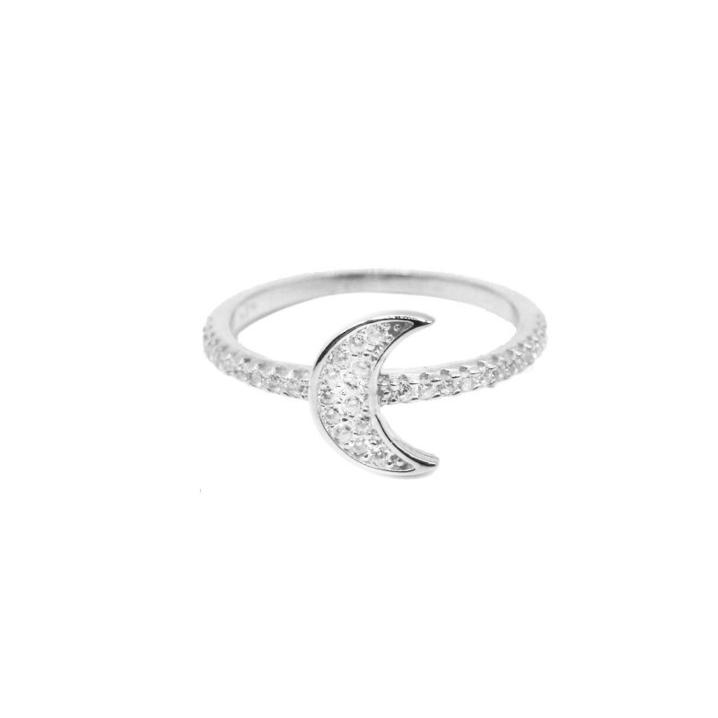 Anello semizirconato bianco con luna centrale a pavè di zirconi bianchi placcato oro bianco in argento 925 (misura 11)