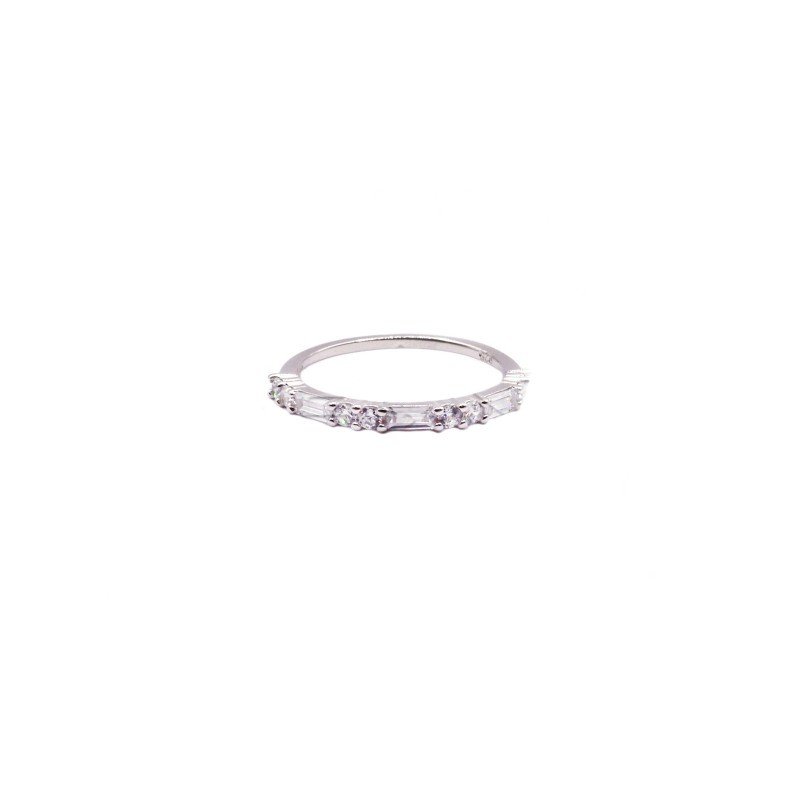 White half-zircon ring with alternating baguettes white gold plated in 925 silver (size 14)