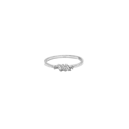 Anello con tre baguette centrali trasversali e due zirconi laterali placcato oro bianco in argento 925 (misura 12)