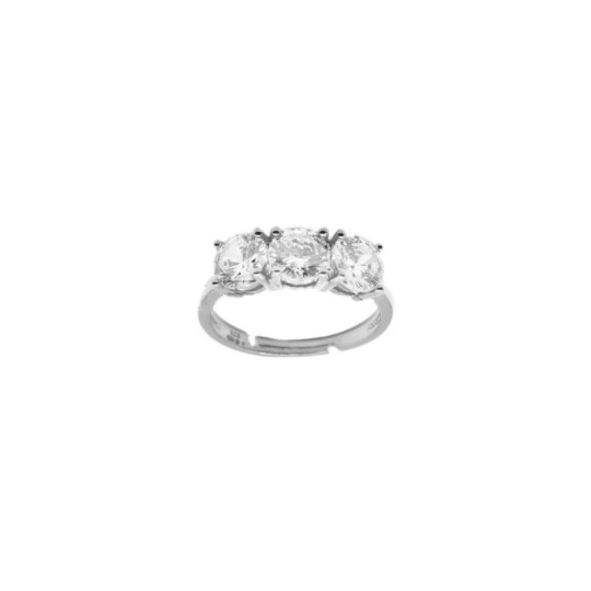 Anello regolabile trilogy con zirconi bianchi da 6 mm. a 4 griffe placcato oro bianco in argento 925