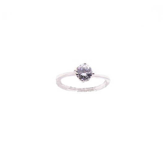Anello regolabile solitario con zircone bianco da 6 mm. a 4 griffe placcato oro bianco in argento 925