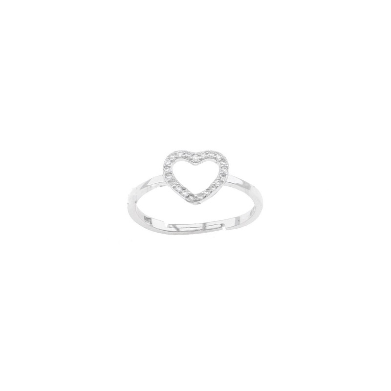 Anello regolabile con sagoma cuore zirconata bianca placcato oro bianco in argento 925