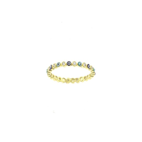 Anello con occhi smaltati blu e turchesi alternati a zirconi bianchi a cipollina placcato oro giallo in argento 925 (Misura 12)