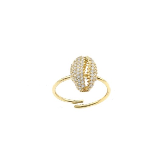Anello regolabile a filo con conchiglia zirconata bianca placcato oro giallo in argento 925
