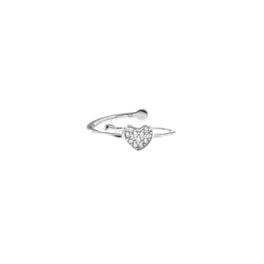 Adjustable wire ring with central white zircon heart plated white gold in 925 silver