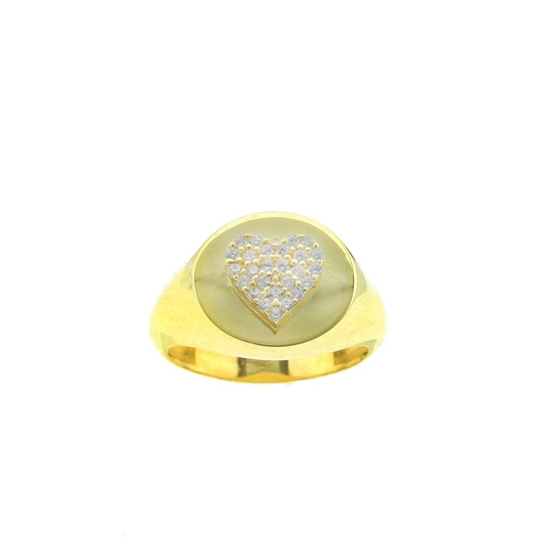Oval shield ring with heart overlaid with white zircons pave yellow gold plated in 925 silver (Size 12)