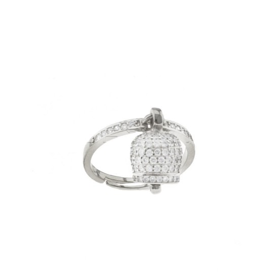 Adjustable white semi-zircon ring with bell 10x10 mm pendant in white zircons pave and clapper with white light point