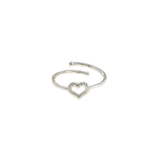 Anello a filo regolabile con sagoma cuore rigata centrale placcato oro bianco in argento 925