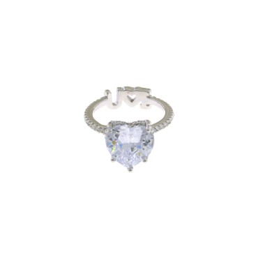 Anello con cuore di zircone bianco centrale e gambo con scritta "IloveU" zirconato bianco con cuore traforato liscio placcato or